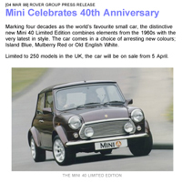 Rover Group Press Release - Mini Celebrates 40th Anniversary - 0